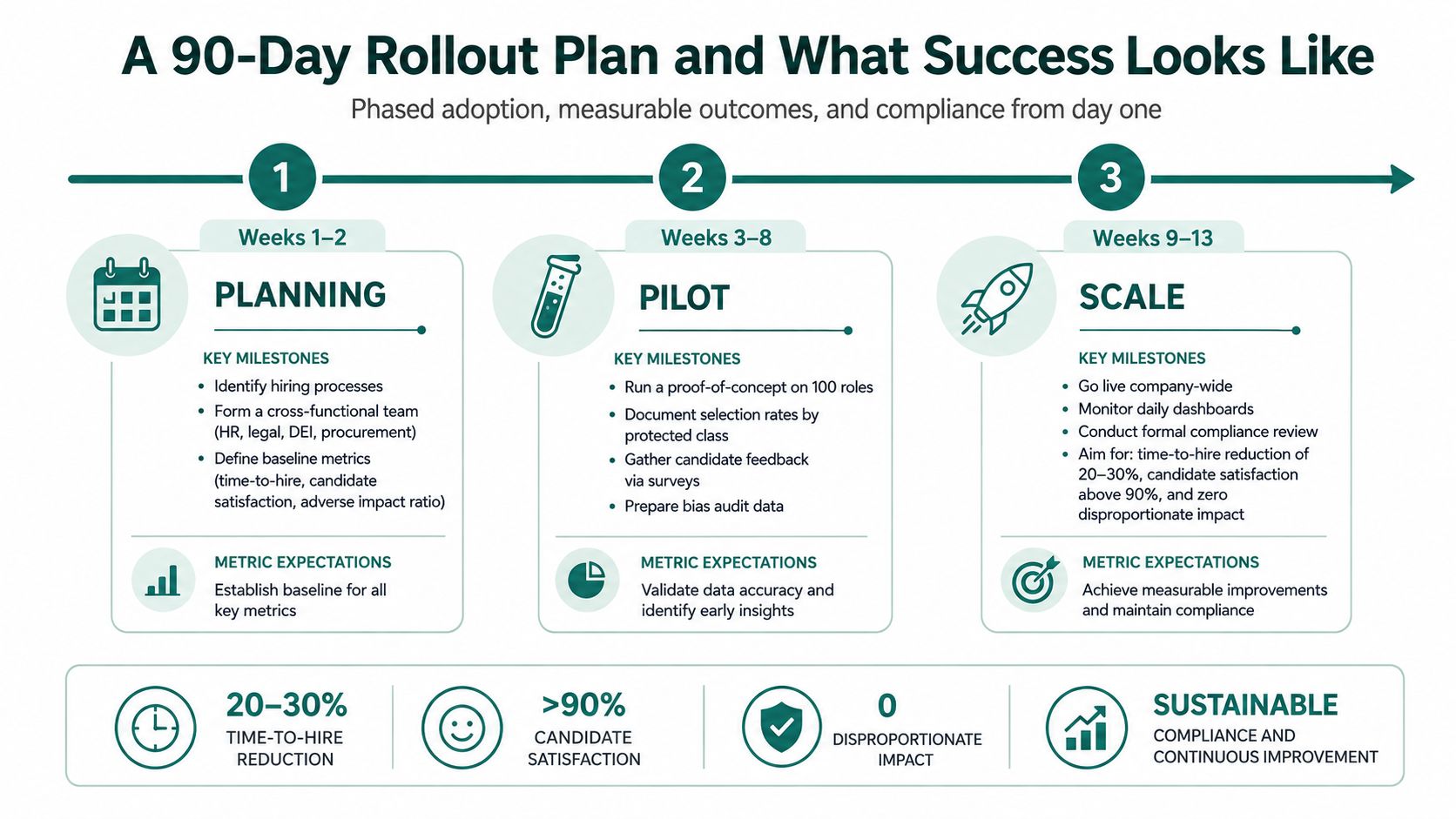 A 90-day rollout plan infographic detailing the planning, pilot, and scale phases for corporate recruitment processes.