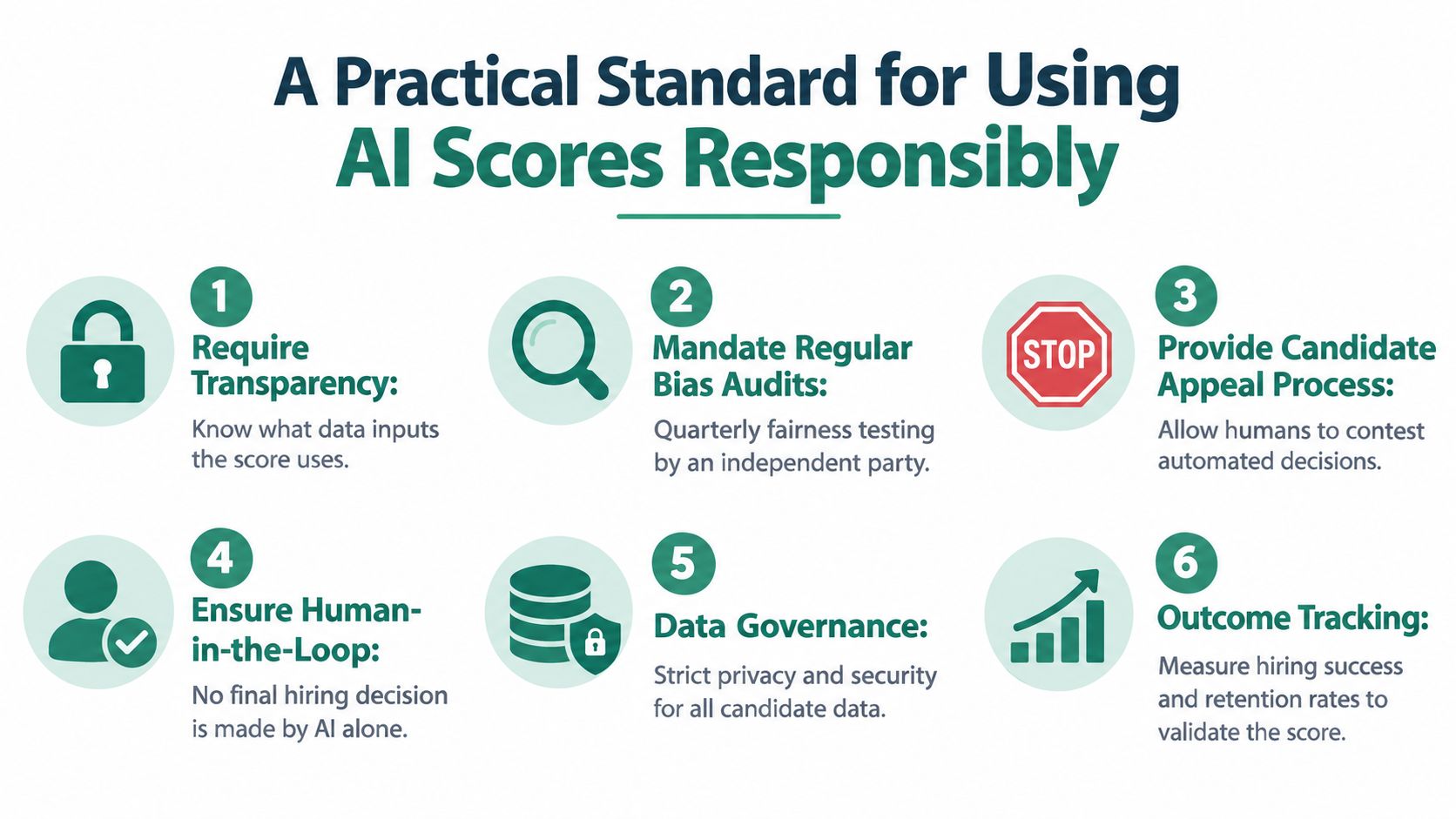 A diagram outlining six practical standards for the responsible and ethical use of AI scoring in hiring.