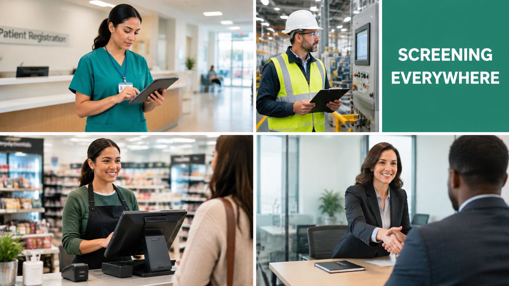 A collage showing professionals using digital tools for screening in medical, industrial, retail, and office settings.