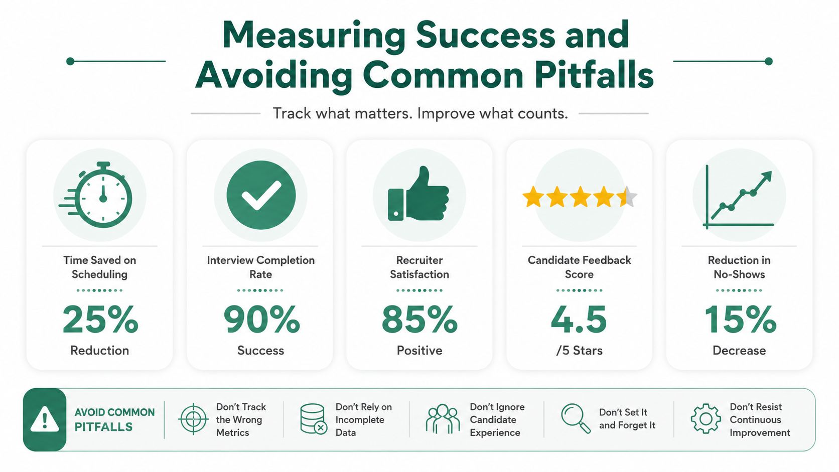 An infographic detailing recruitment metrics for measuring success, including scheduling time, interview rates, satisfaction, and feedback.