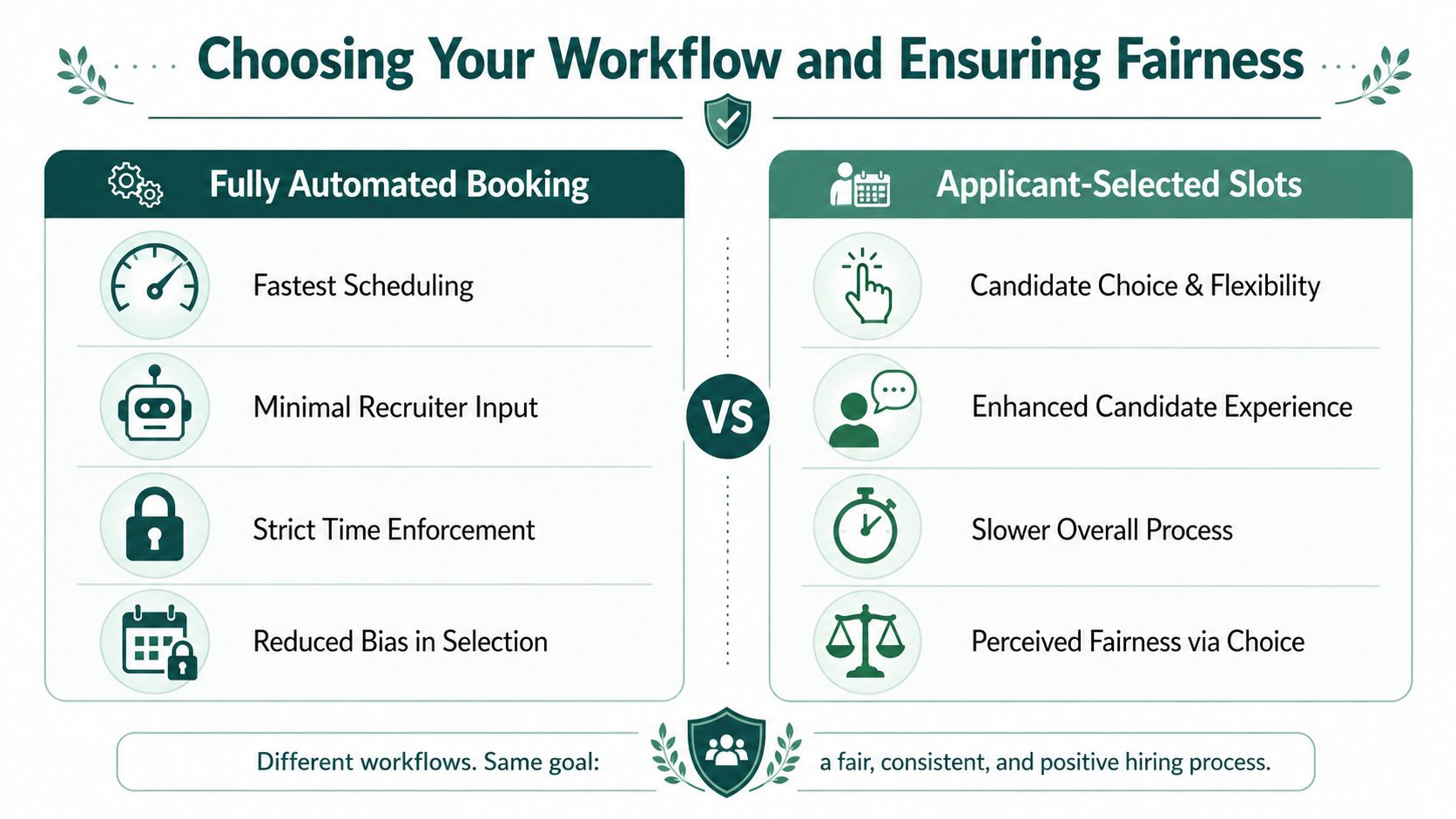 A comparison infographic between automated interview scheduling and applicant-selected slots to ensure a fair hiring process.