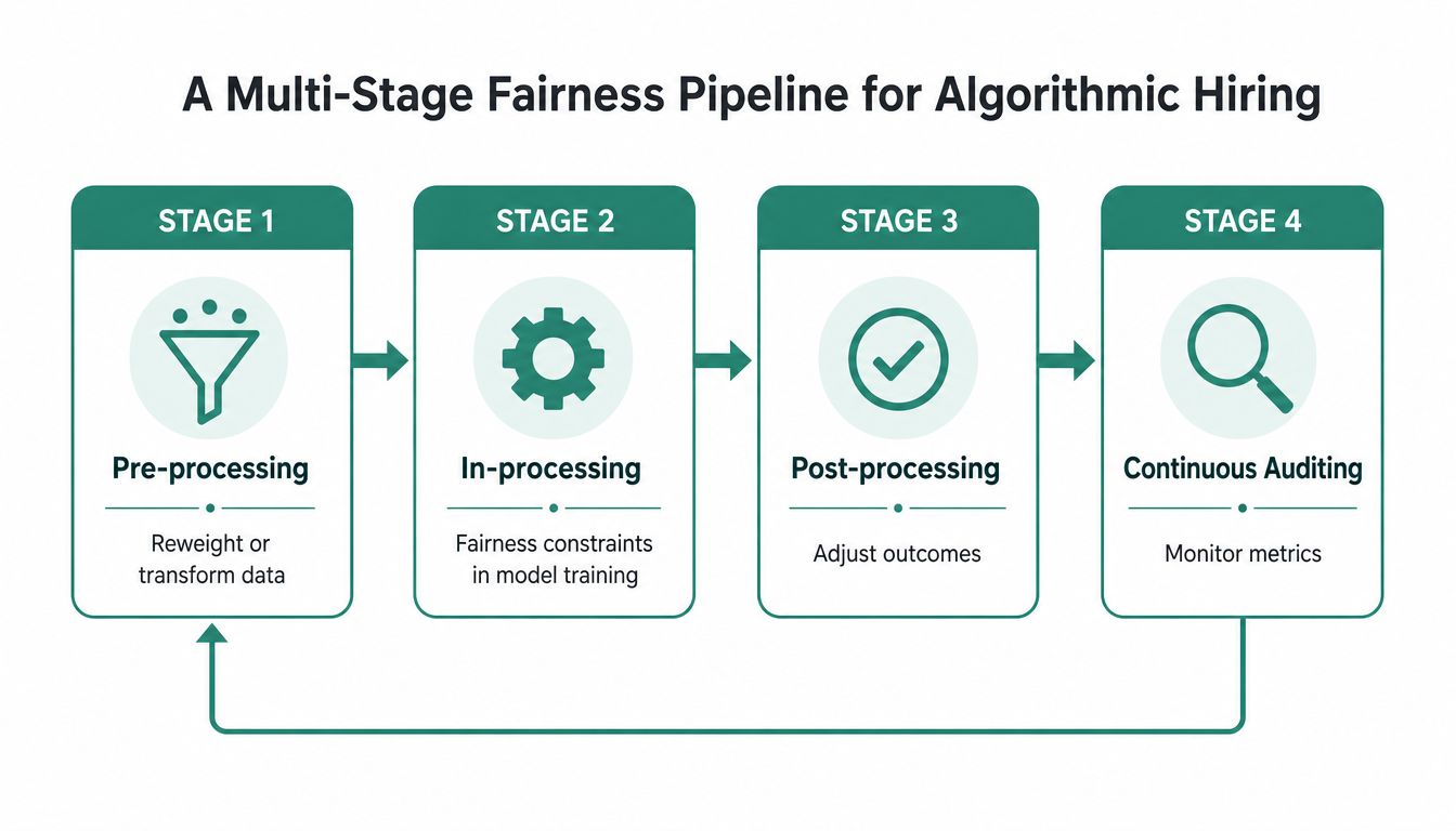 A four-stage diagram illustrating a fairness pipeline for algorithmic hiring, including pre-processing, in-processing, post-processing, and auditing.