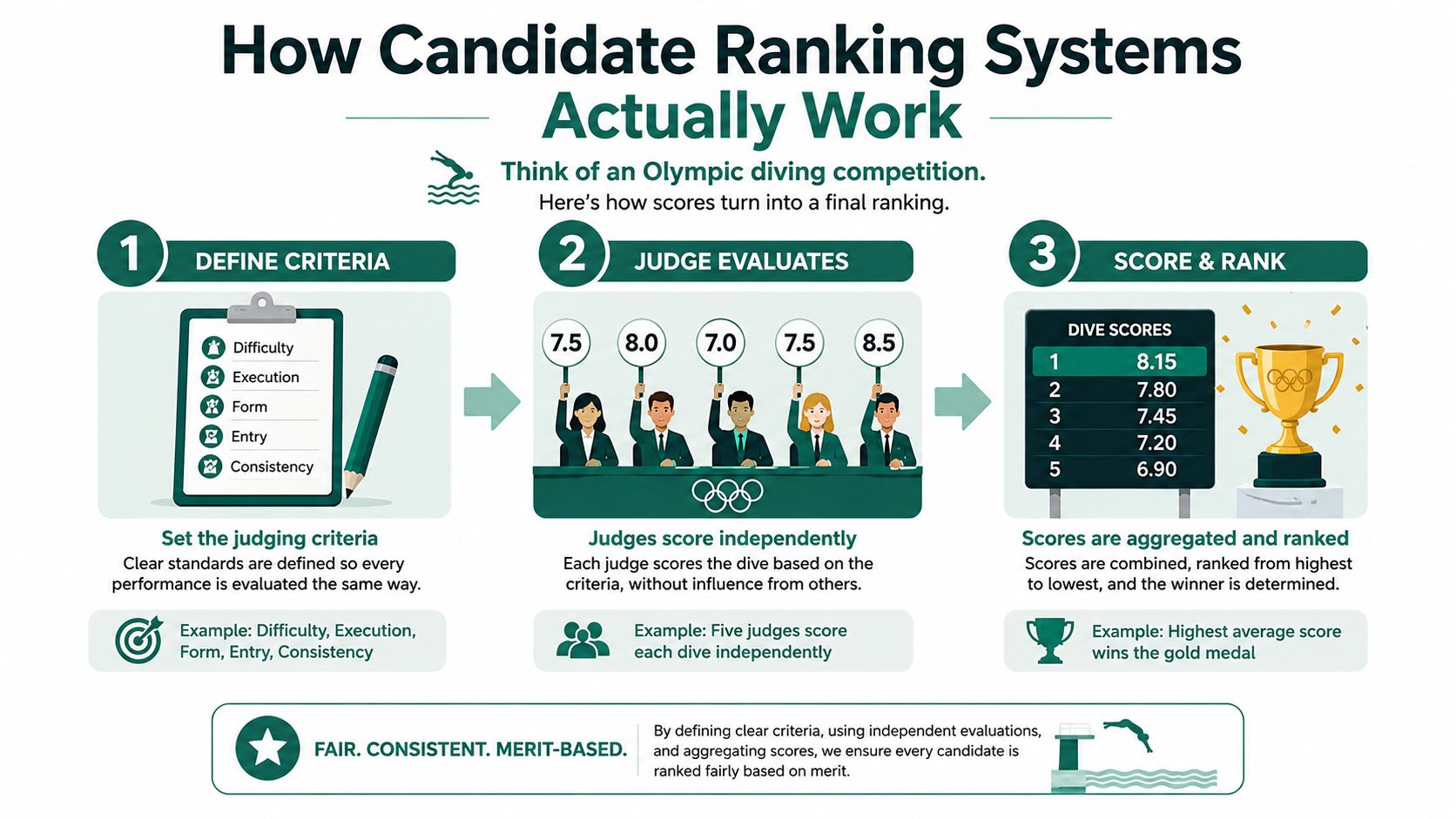 An infographic explaining a candidate ranking system using the analogy of an Olympic diving competition.