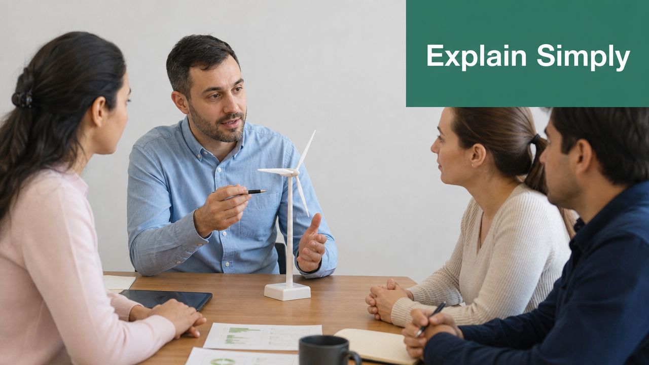 A professional team sitting at a meeting table discussing sustainable energy project with a wind turbine model.