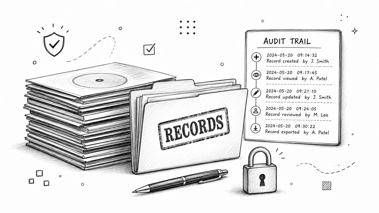 A hand-drawn illustration depicting a stack of records, a folder, an audit trail log, and a padlock.