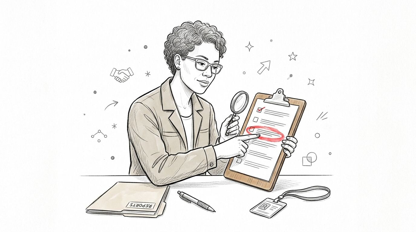 A professional woman in glasses reviews a checklist with a magnifying glass while sitting at a desk.