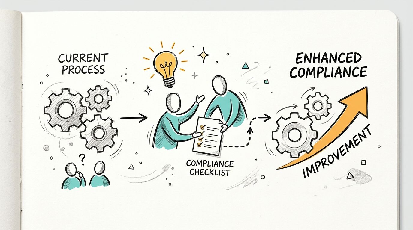 A hand-drawn illustration showing a transition from a confused process to an improved compliance outcome.