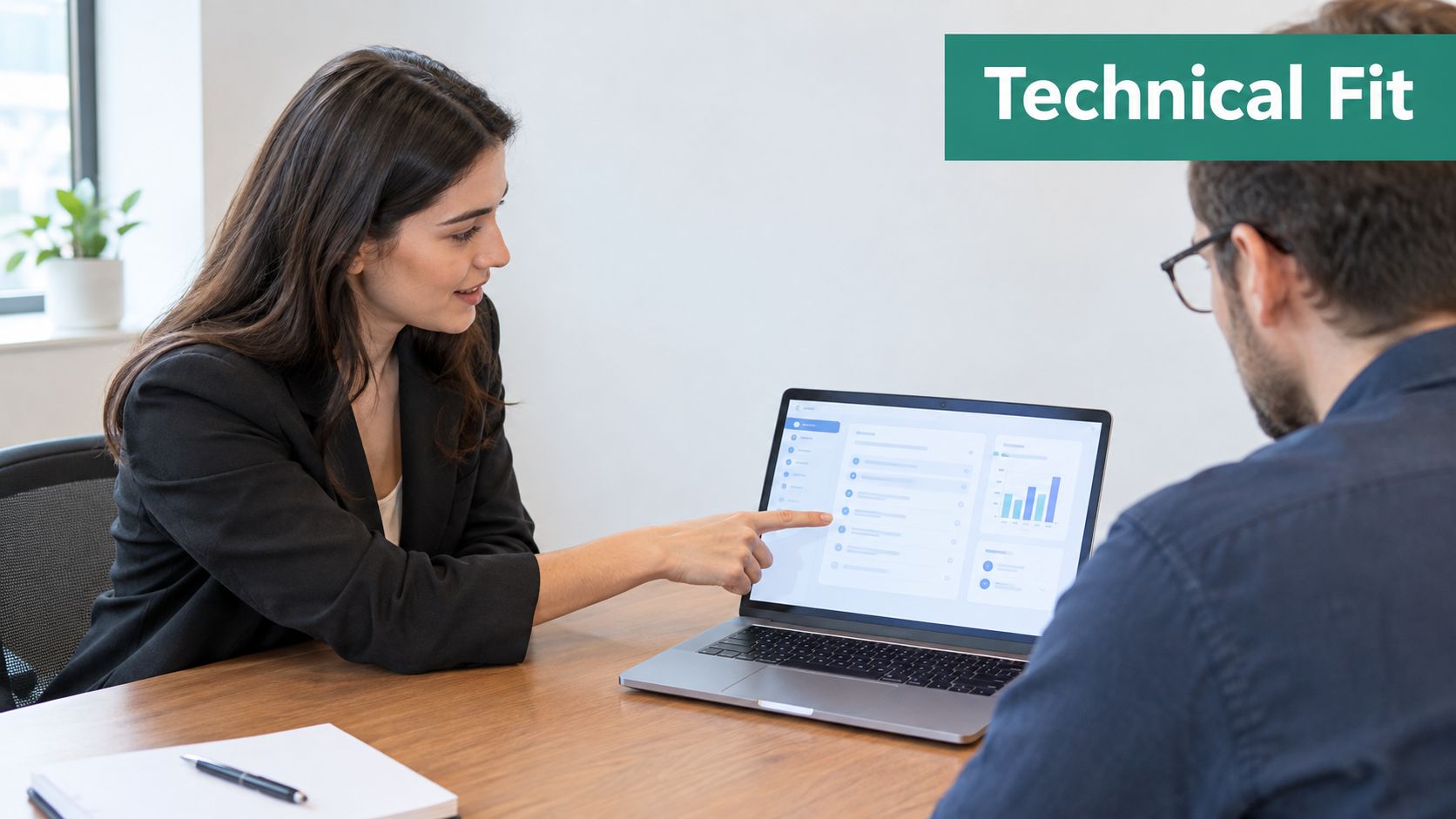 A businesswoman points at a laptop screen while interviewing a job candidate in an office setting.