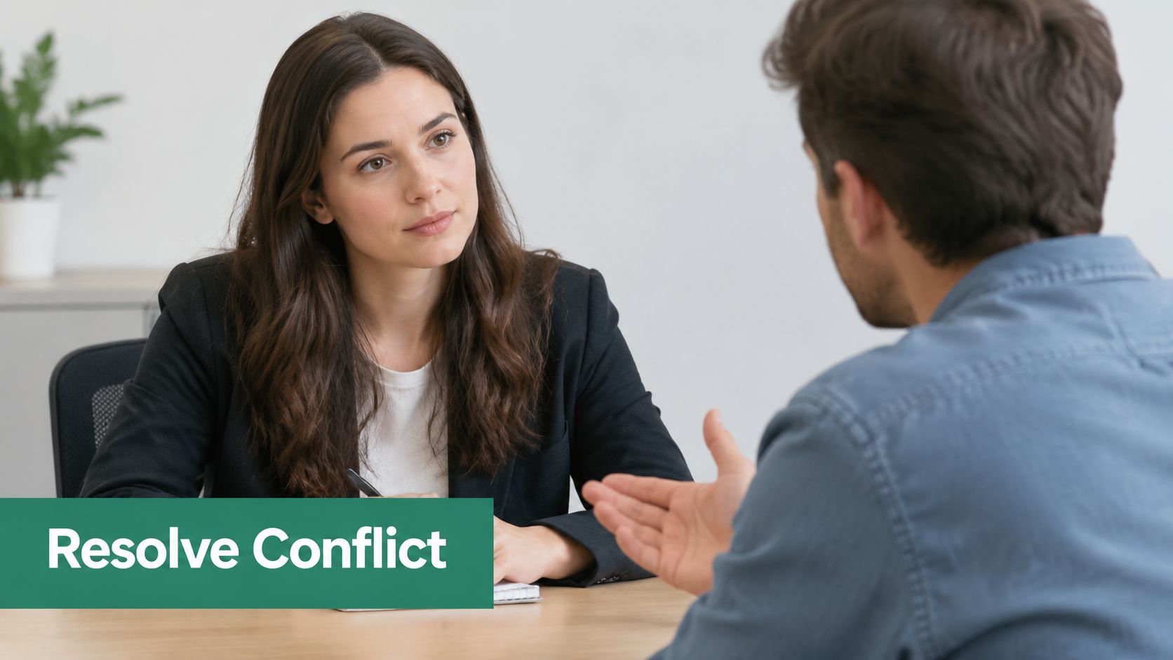 A professional woman interviewing a man in an office setting to address workplace conflict resolution.