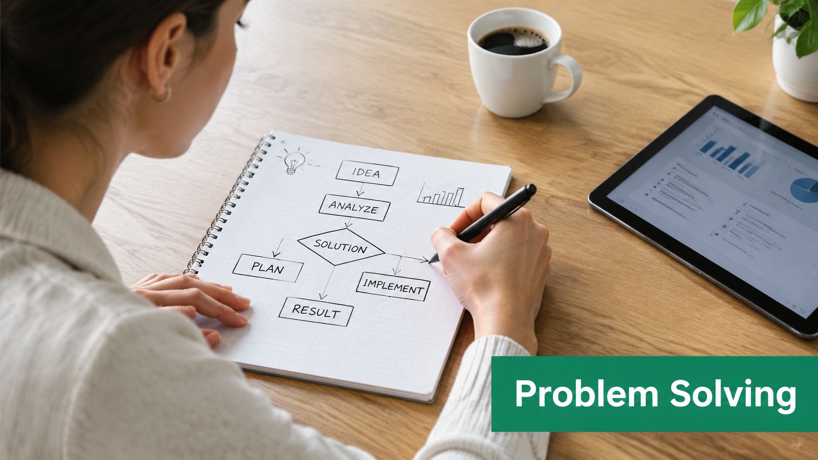 A woman sketching a problem-solving flowchart with a pen in a notebook next to a tablet.