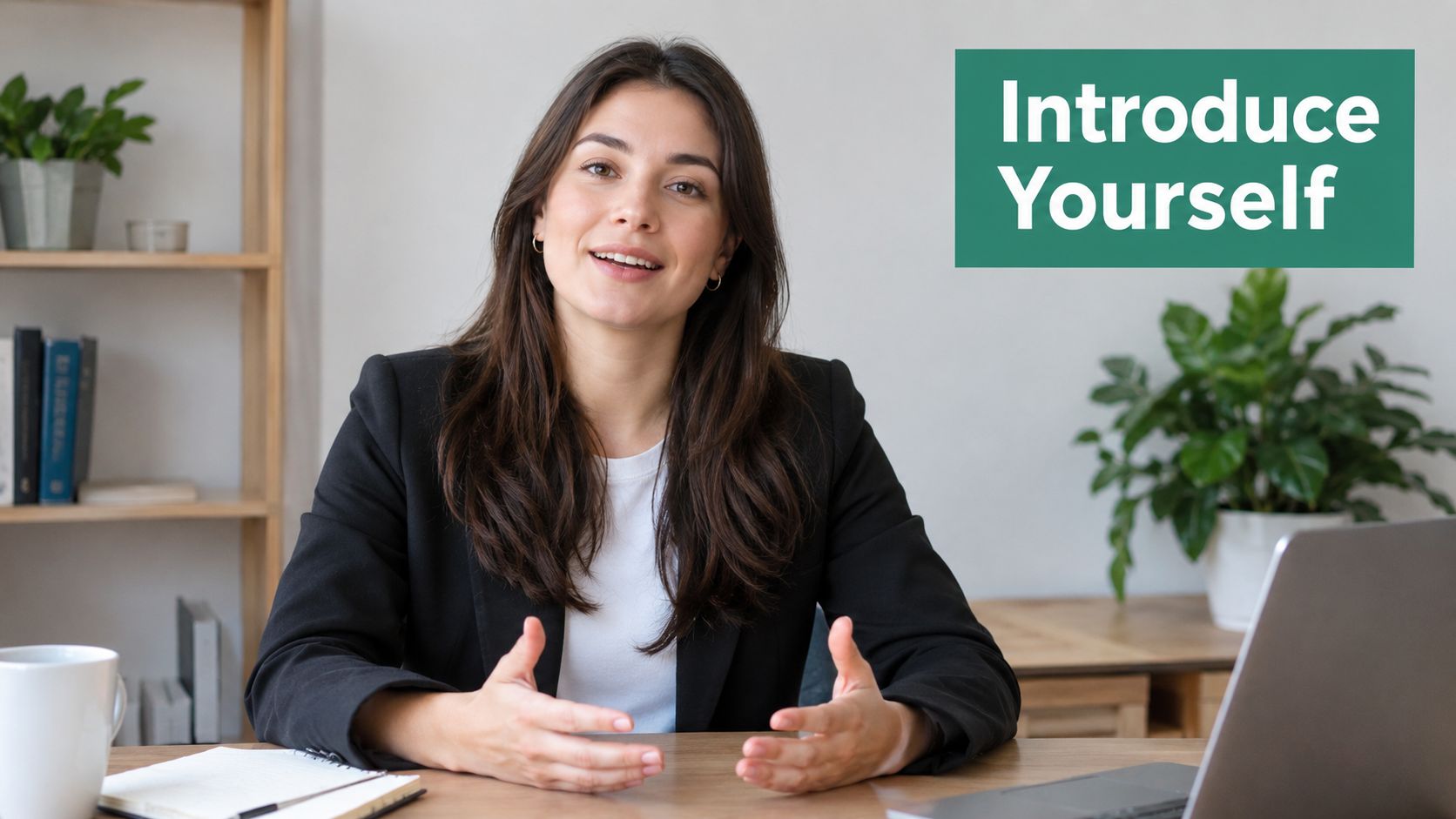 A professional woman in a business suit sitting at a desk presenting during an interview video call.