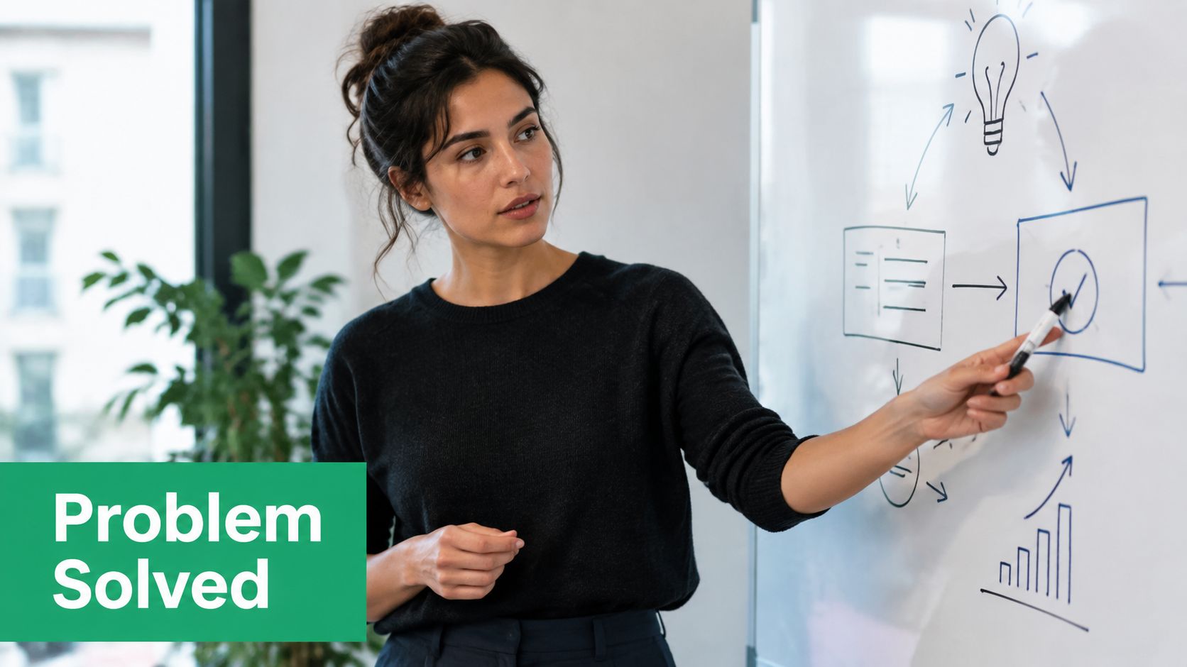 A professional woman presenting a strategic business process diagram on a whiteboard in an office setting.