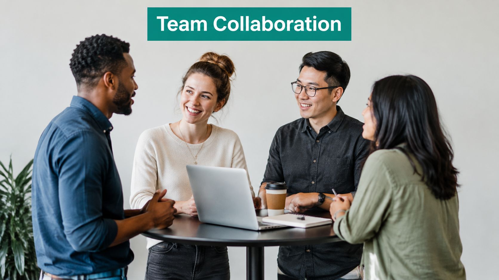 A diverse group of four professionals engaging in a collaborative conversation around a table with a laptop.