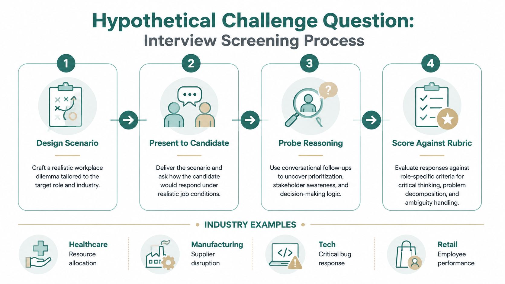 A four-step infographic illustrating a hypothetical interview screening process for evaluating candidate problem-solving and critical thinking skills.