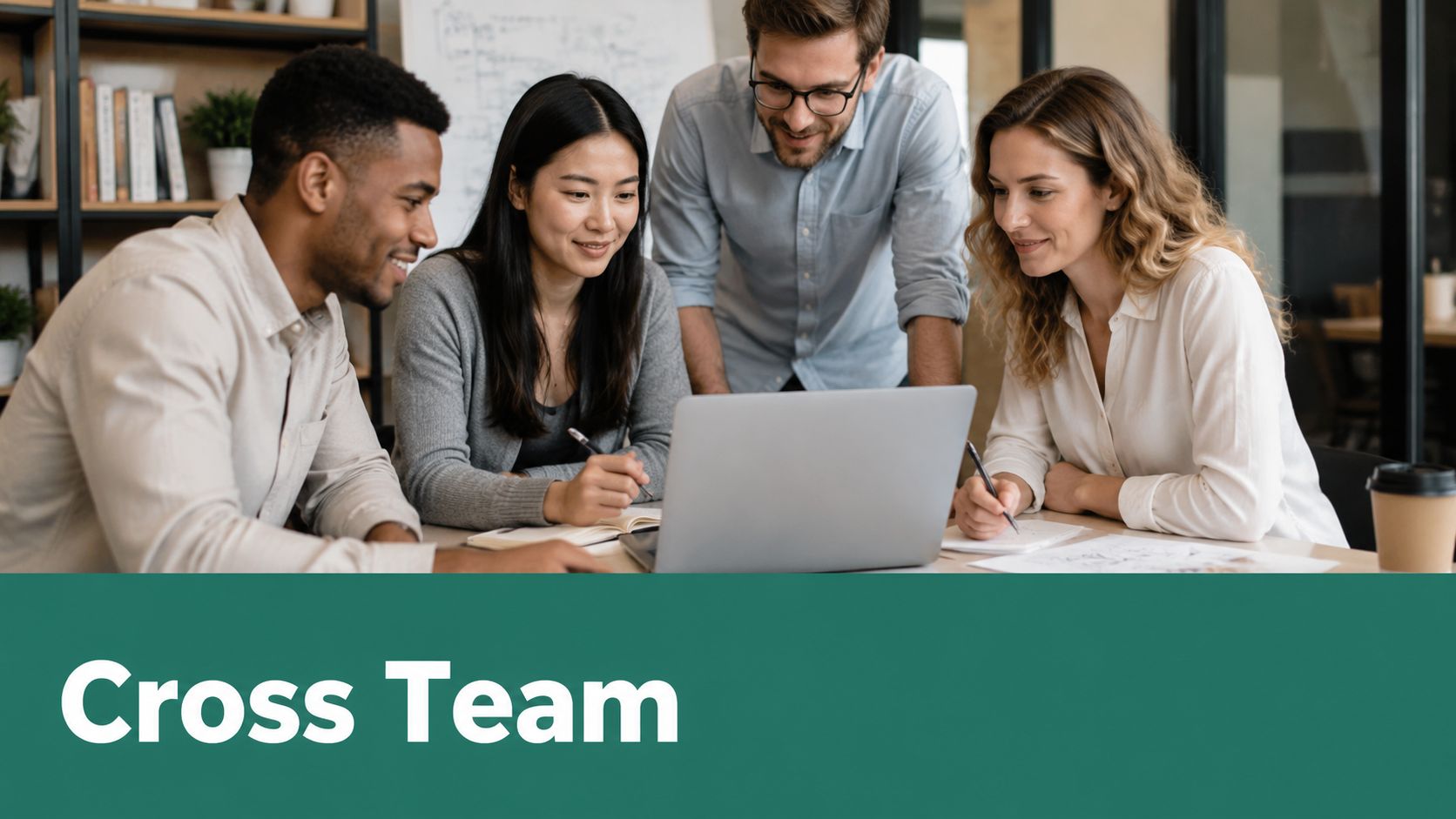 A diverse group of professional colleagues collaborating together while looking at a laptop in an office.