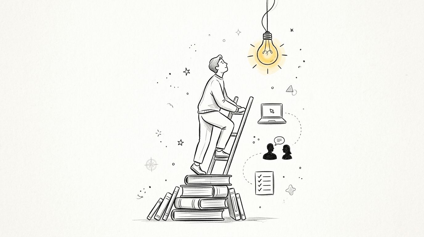A line art illustration of a person climbing a ladder made of stacked books toward a lightbulb.