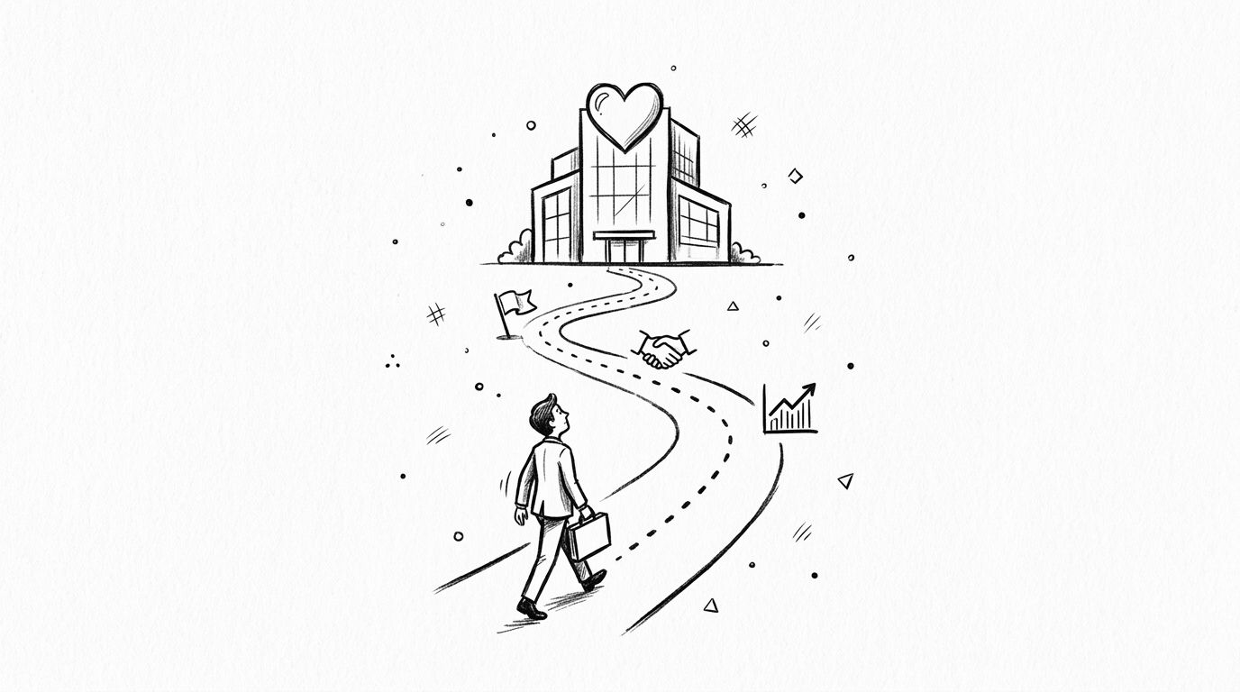 A professional man walking towards a building with a heart on top representing organizational cultural fit.