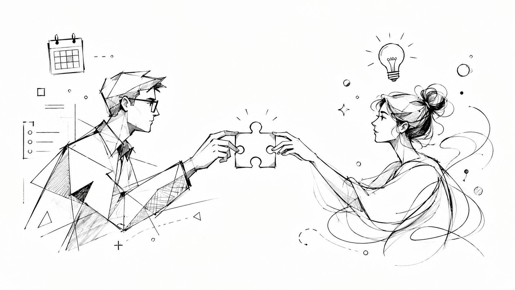 A black and white line drawing of a man and woman connecting two puzzle pieces together.