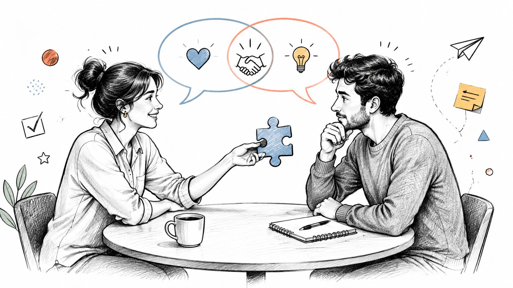 A man and a woman sitting at a table discussing ideas with a puzzle piece.