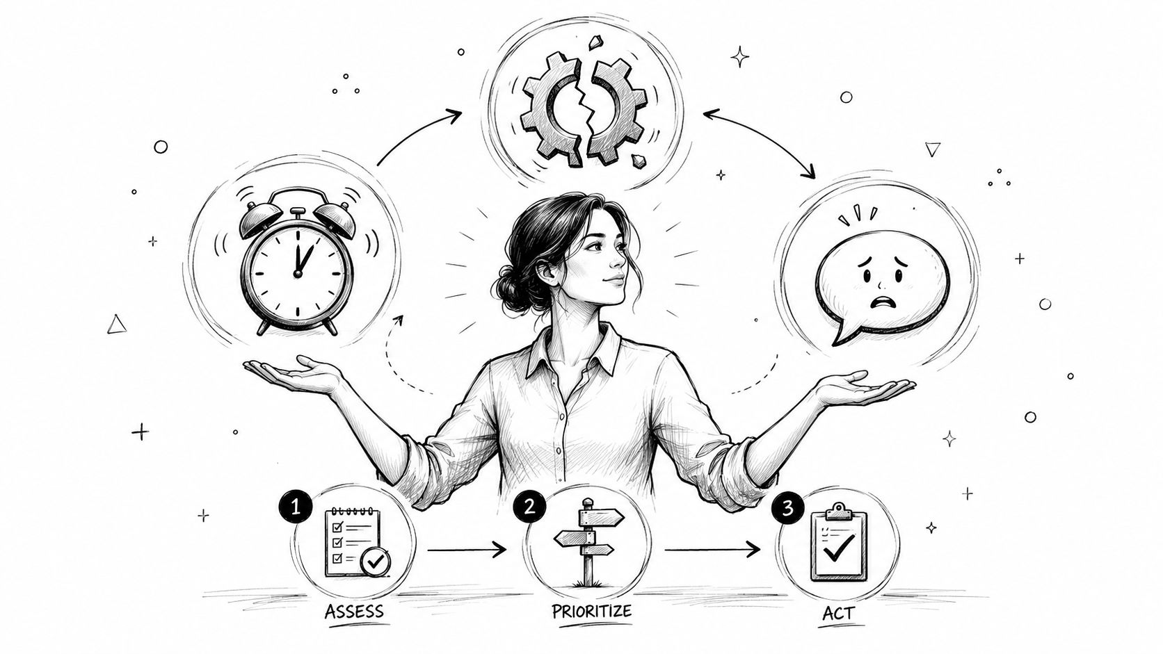 A woman balancing time management and emotional challenges with a structured decision-making process illustrated by steps.