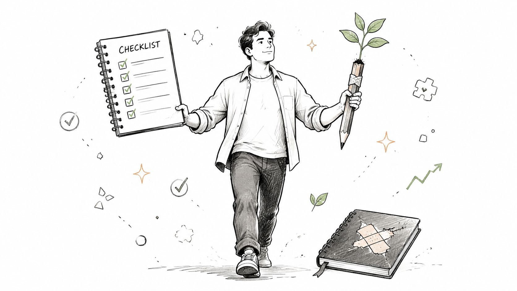 A cheerful man holds a completed checklist and a sprouting pencil, symbolizing growth and effective decision making.