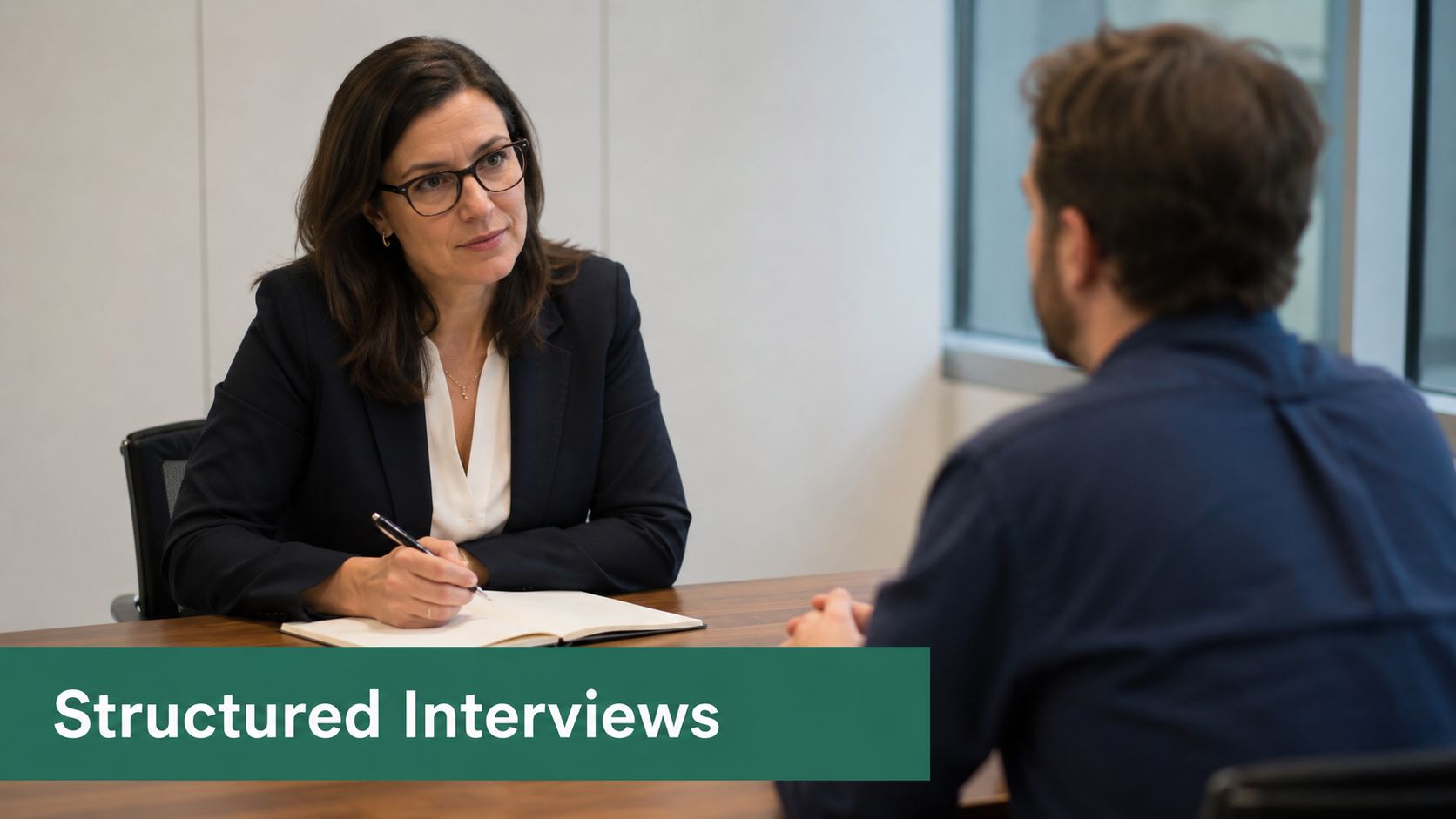 A professional woman in a suit interviewing a job candidate in a bright office environment.