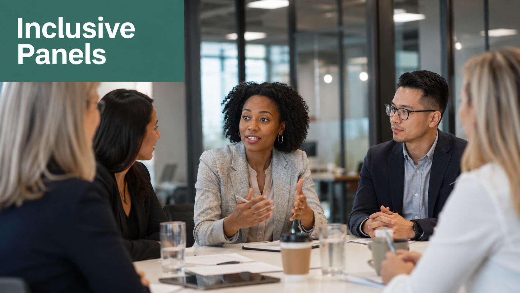 A diverse group of professional colleagues having a collaborative discussion at a modern office conference table.