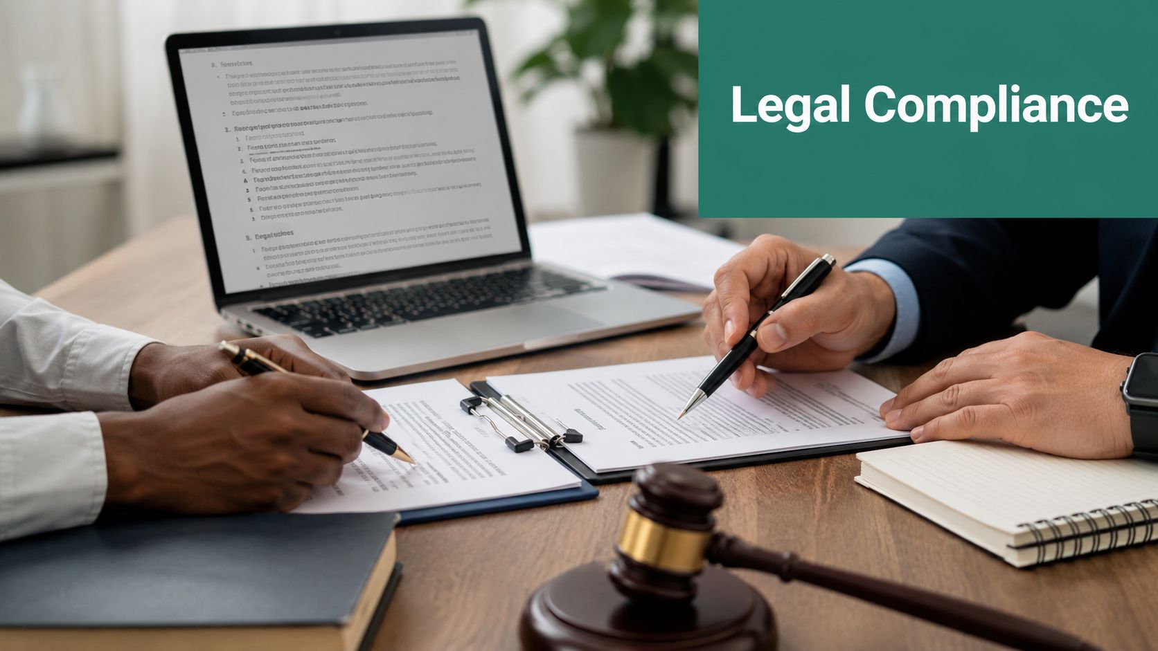 A professional legal setting featuring hands signing documents with a gavel and laptop on a desk.