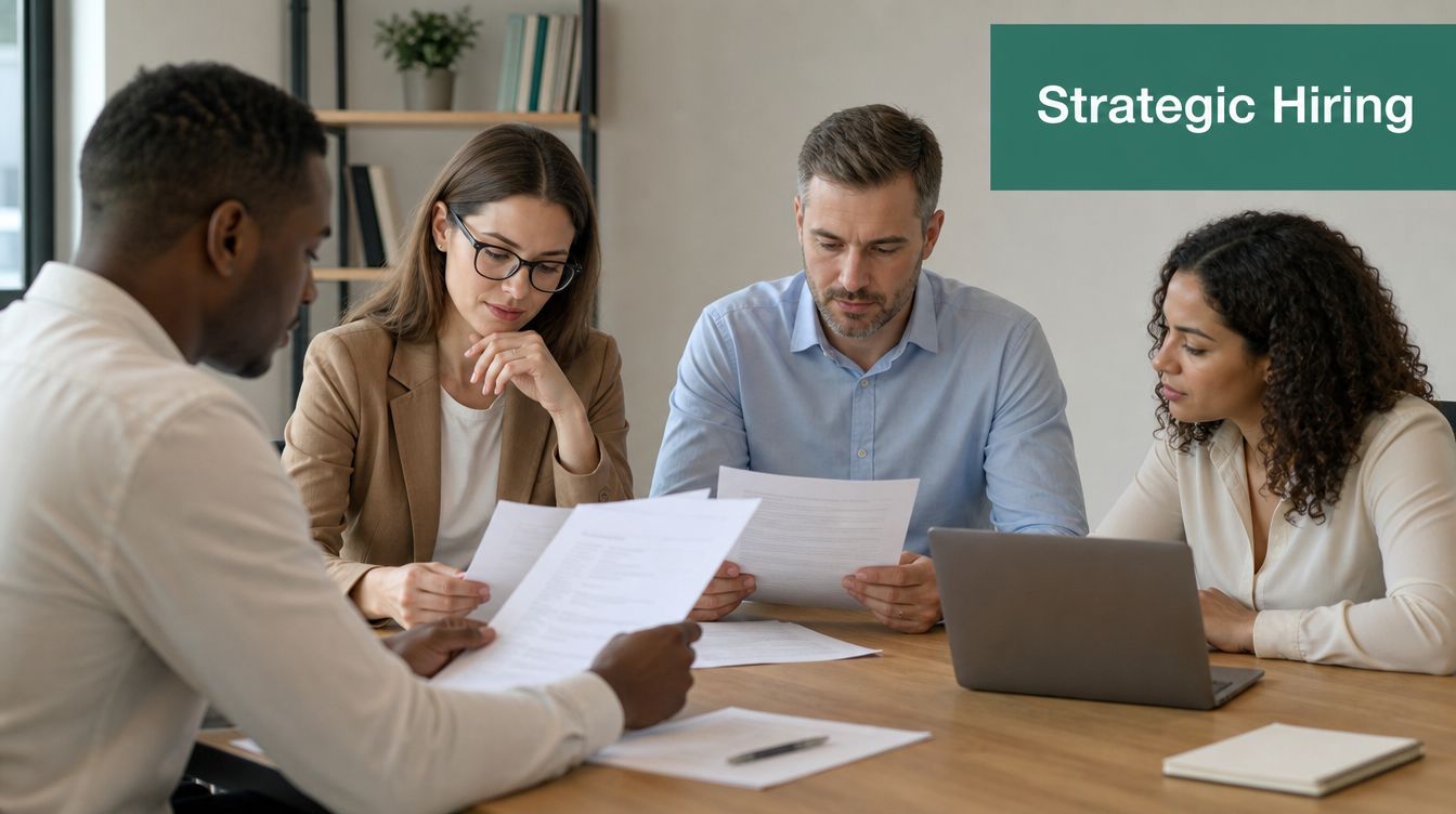 A professional team of four people collaborating on recruitment documents in a modern office meeting room.