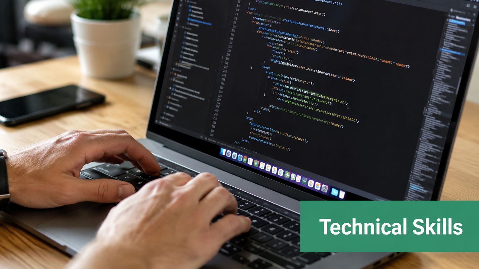 A developer working on software code on a laptop screen with a technical skills overlay banner.