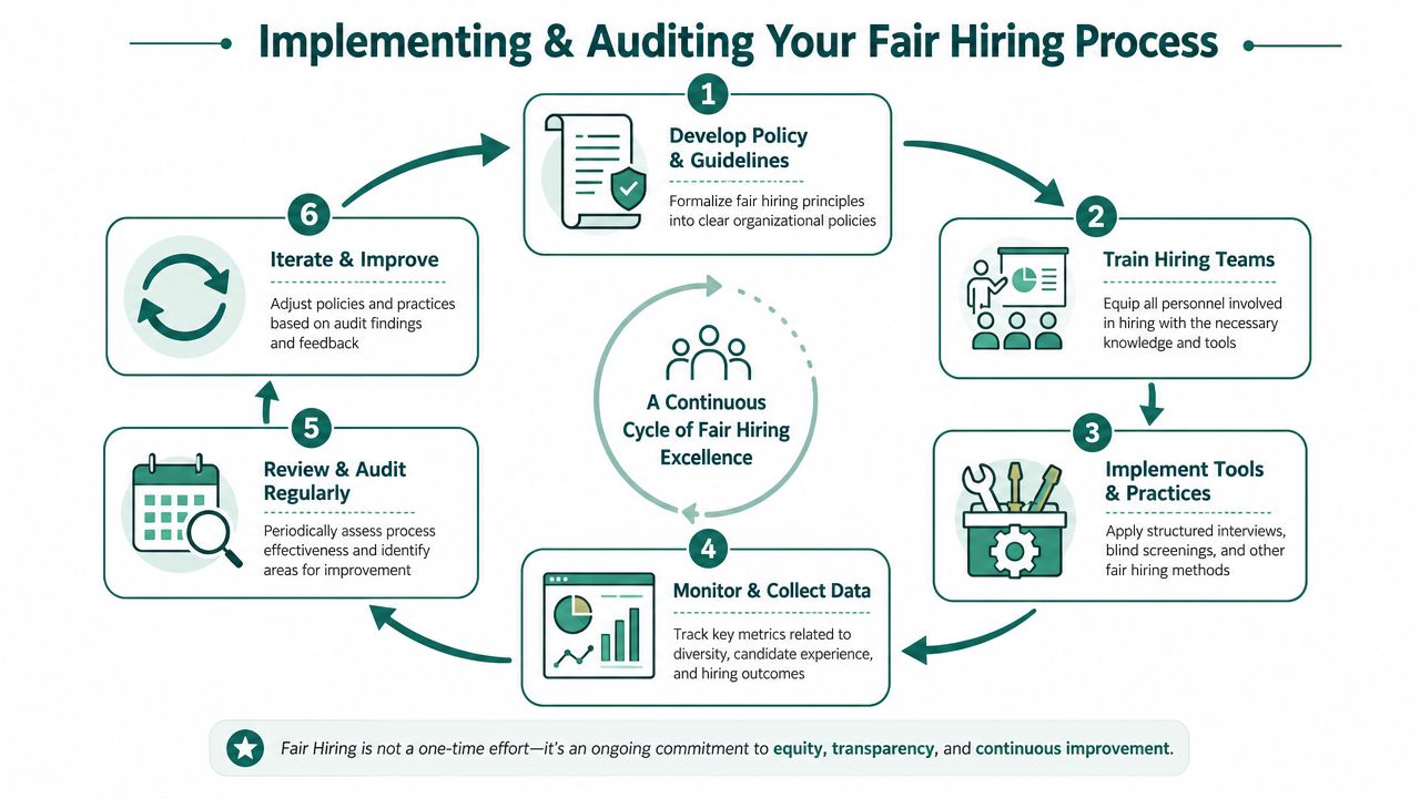 A circular flowchart illustrating the six-step process for implementing and auditing fair hiring practices in organizations.