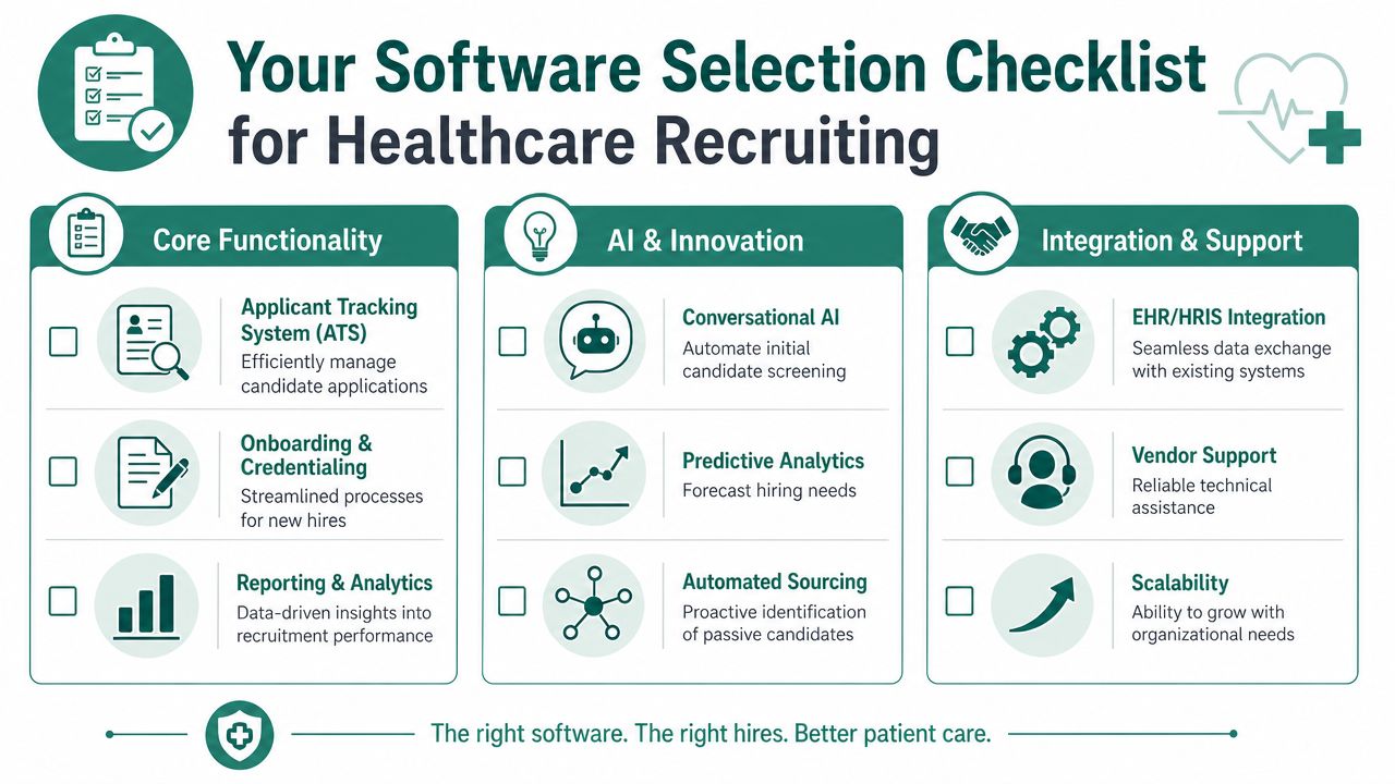 A professional checklist for healthcare recruiting software outlining key features like ATS, AI innovation, and system integration.