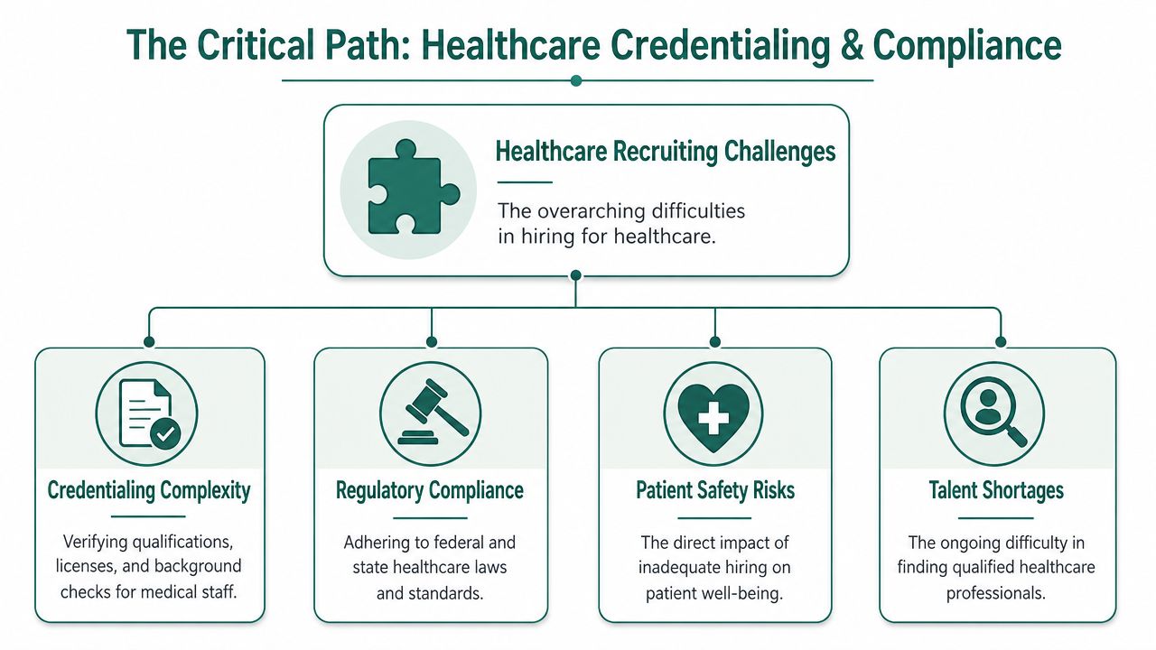 A diagram outlining the critical challenges in healthcare recruiting, including credentialing complexity, regulatory compliance, safety risks, and shortages.