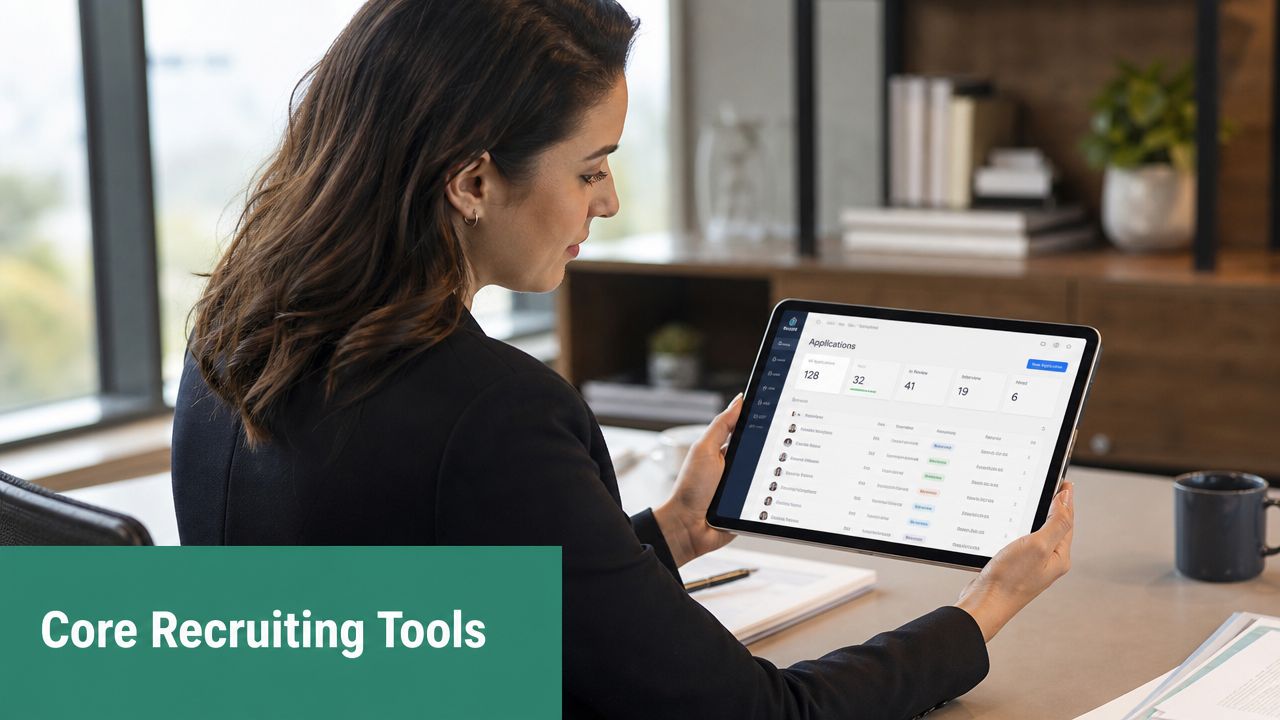 A professional woman in a business suit reviews recruitment dashboard analytics on a digital tablet in office.