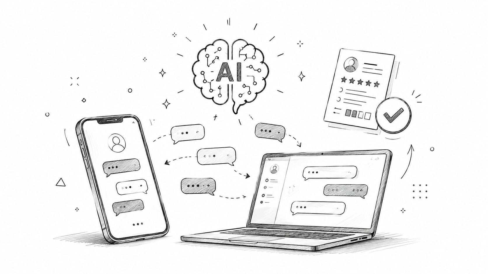 A hand-drawn sketch illustrating AI-powered communication between a smartphone and a laptop for high volume hiring.