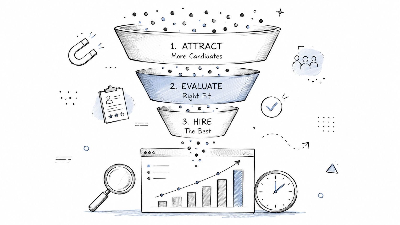A hand-drawn funnel diagram illustrating the recruitment process of attracting, evaluating, and hiring job candidates.