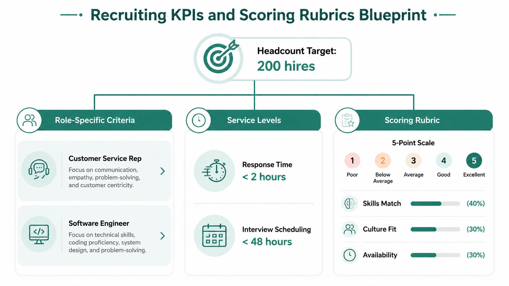 A diagram outlining high volume recruiting KPIs and scoring rubrics, including role criteria and service level targets.