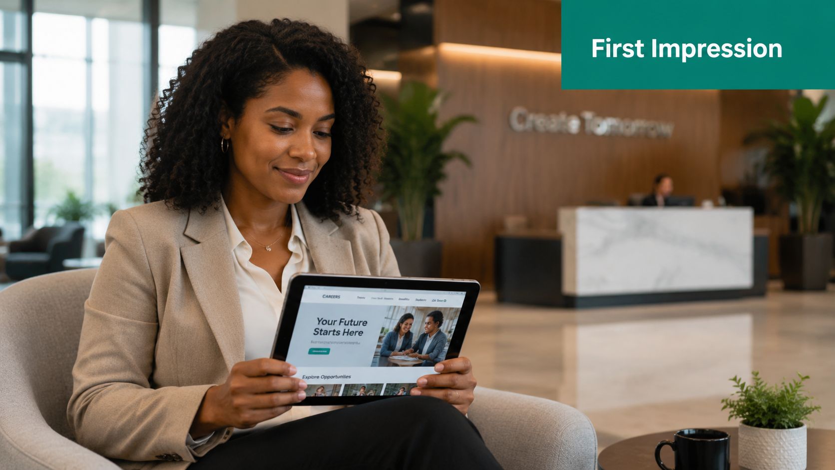 A professional woman viewing career opportunities on a tablet in a modern office lobby with reception area.