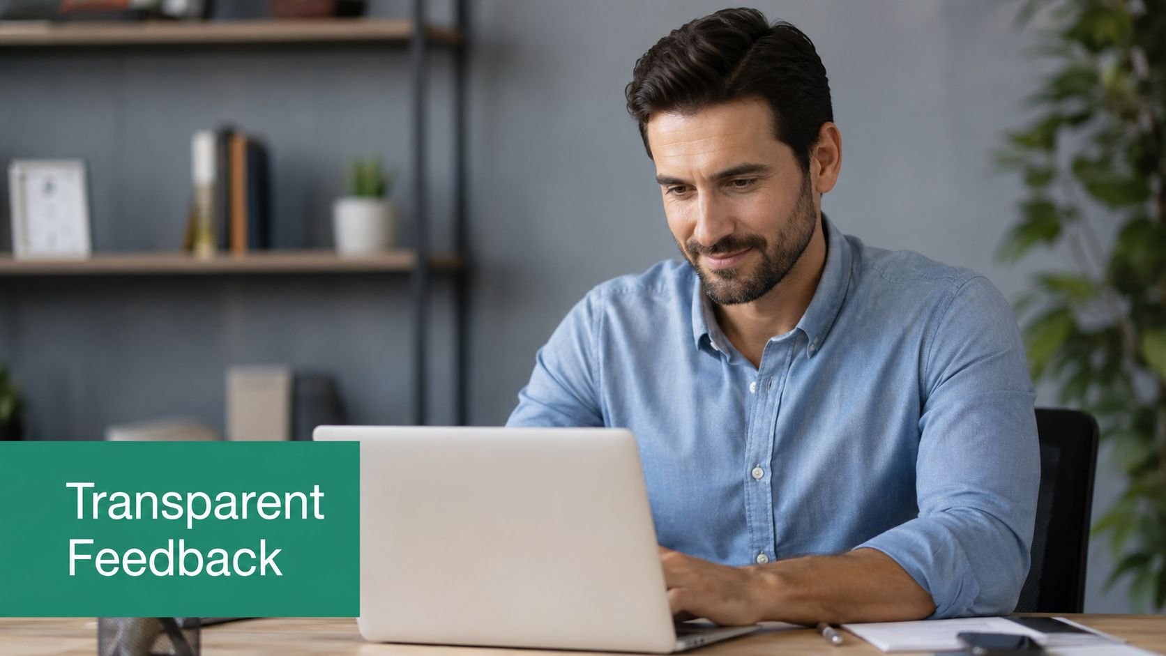 A professional man sitting at his desk, working on a laptop with a green transparent feedback label.