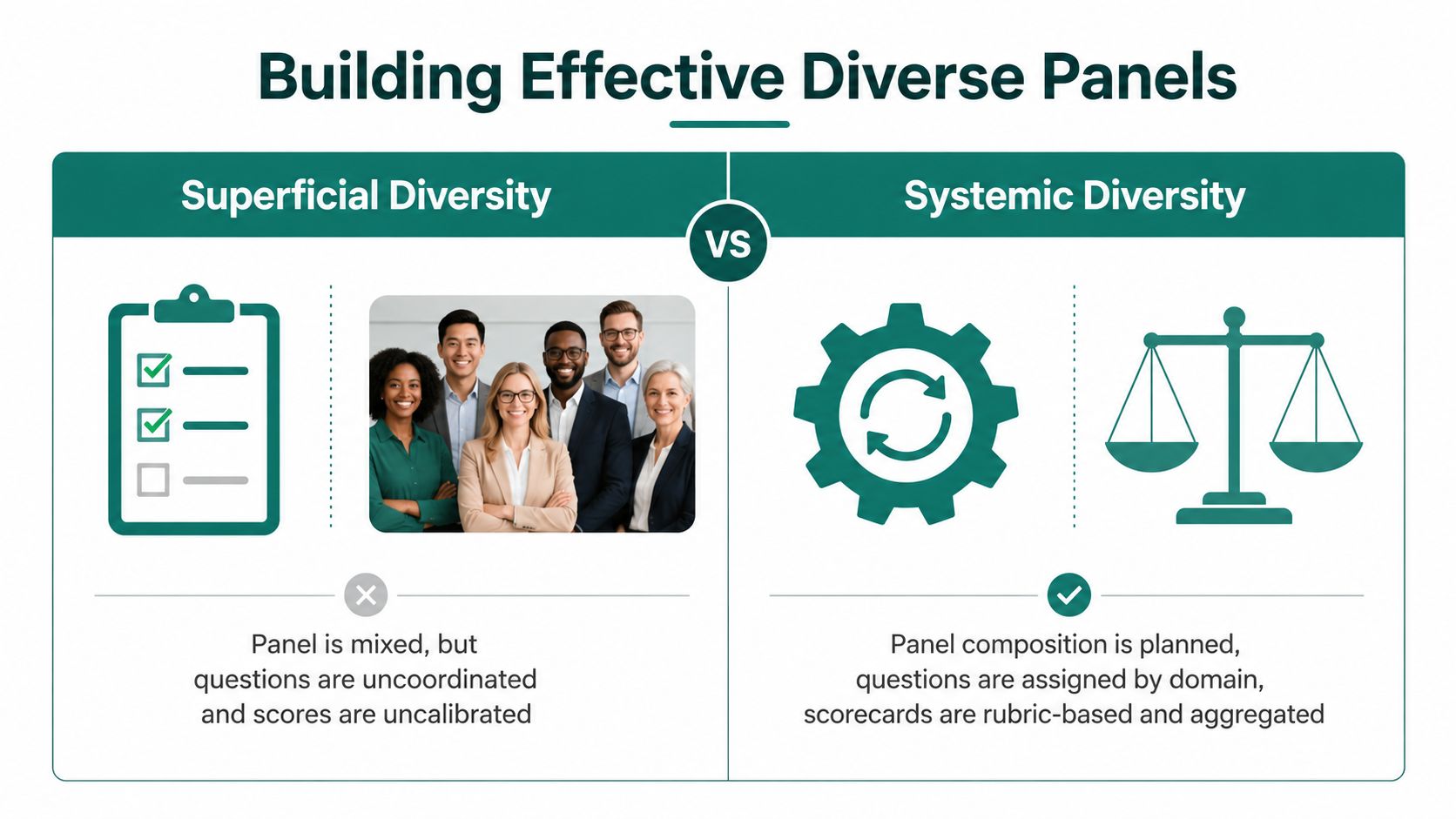 A comparison chart showing superficial diversity versus systemic diversity in panel building for more effective hiring practices.