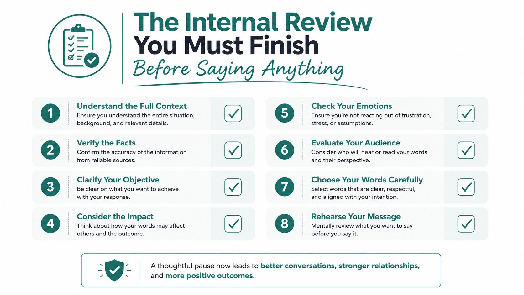 A checklist infographic titled The Internal Review You Must Finish Before Saying Anything, featuring eight steps for communication.