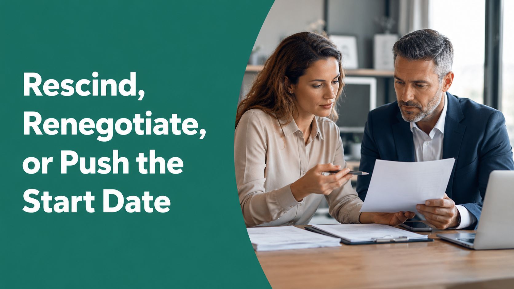 A professional man and woman sitting at a desk reviewing a contract together in an office.