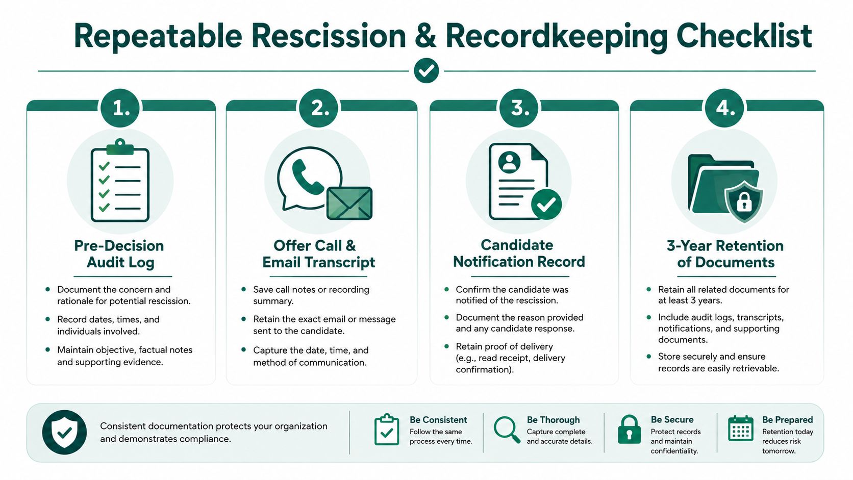 A four-step checklist graphic outlining the repeatable process for rescinding a job offer and maintaining compliance records.