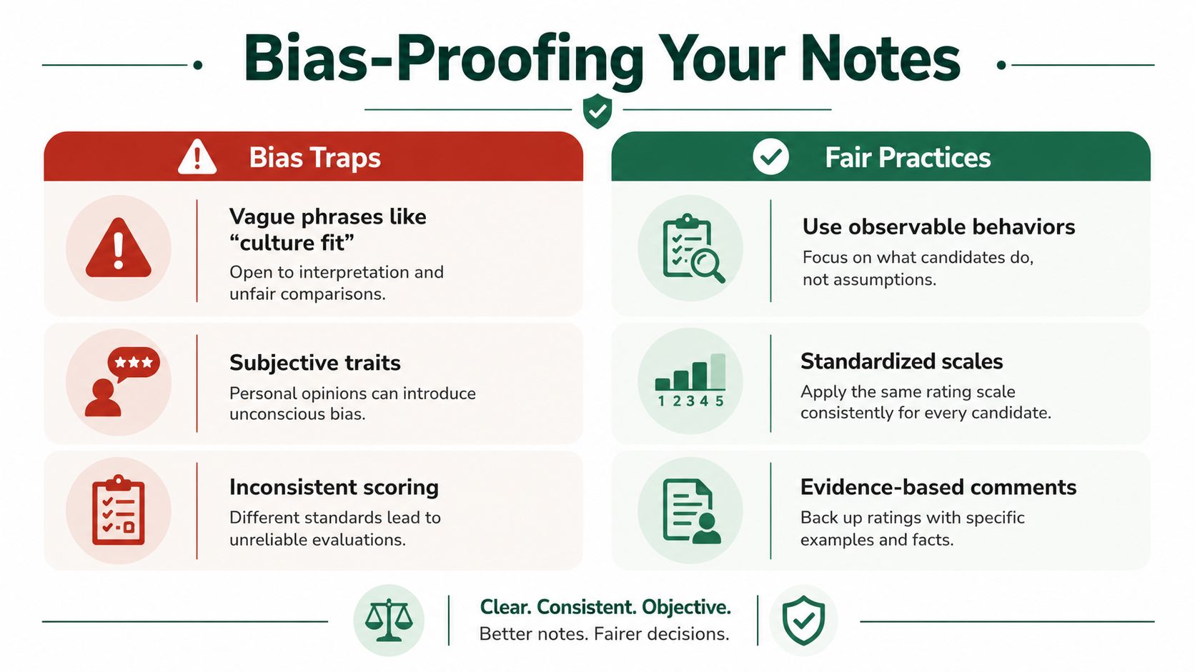 An infographic titled Bias-Proofing Your Notes, comparing bias traps and fair practices for job candidate evaluations.