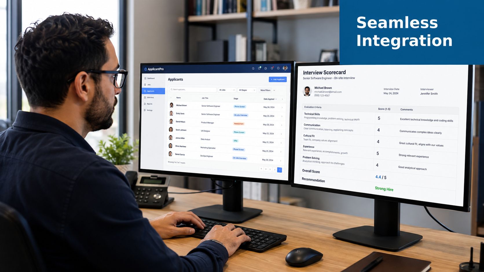 A professional working on two computer monitors displaying applicant tracking software and an interview scorecard template.
