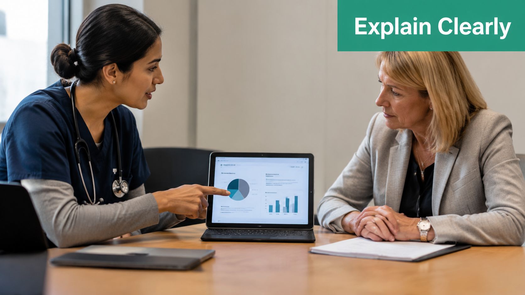 A healthcare professional explains medical data displayed on a tablet to a woman in an office setting.