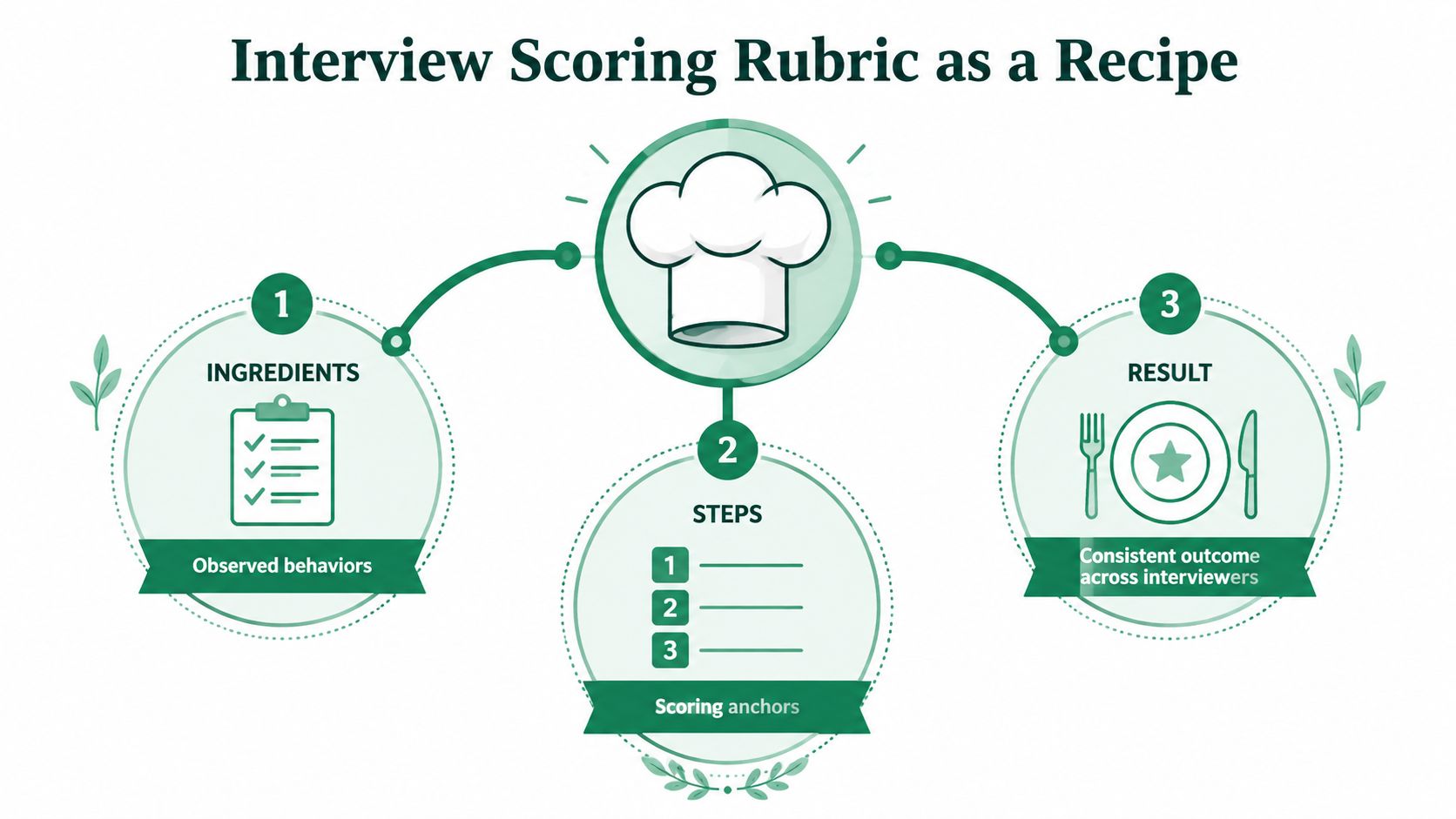An infographic representing an interview scoring rubric as a cooking recipe using three steps of ingredients, steps, and results.
