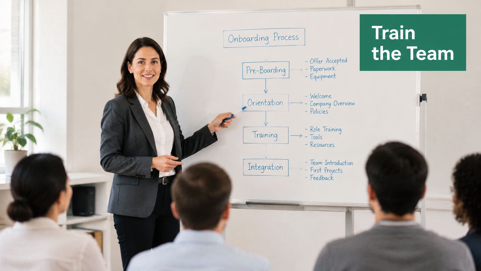 A professional woman presenting an onboarding process flow chart to a group of employees in an office.