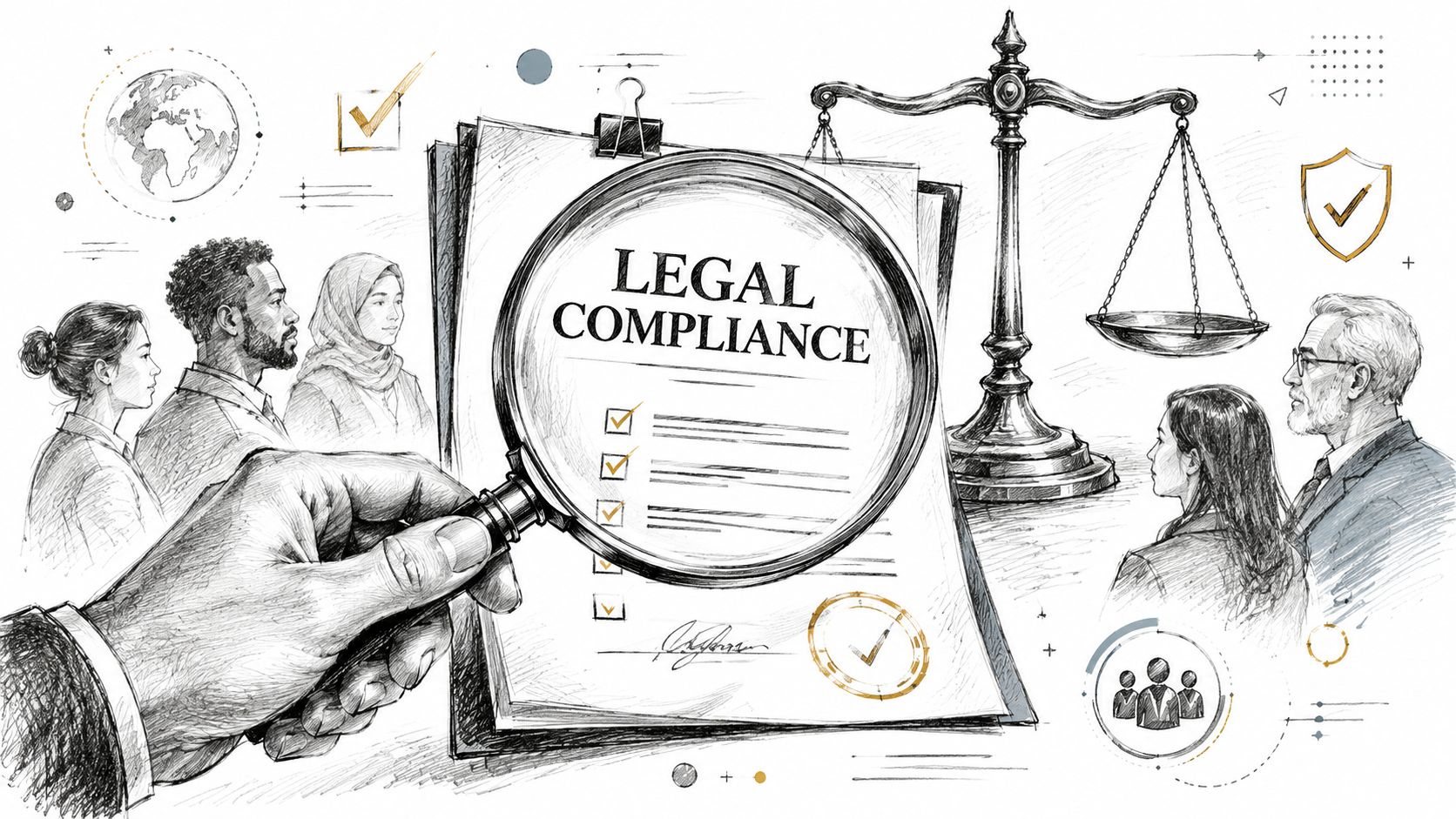 A hand holding a magnifying glass over a legal compliance checklist with people and law scales nearby.