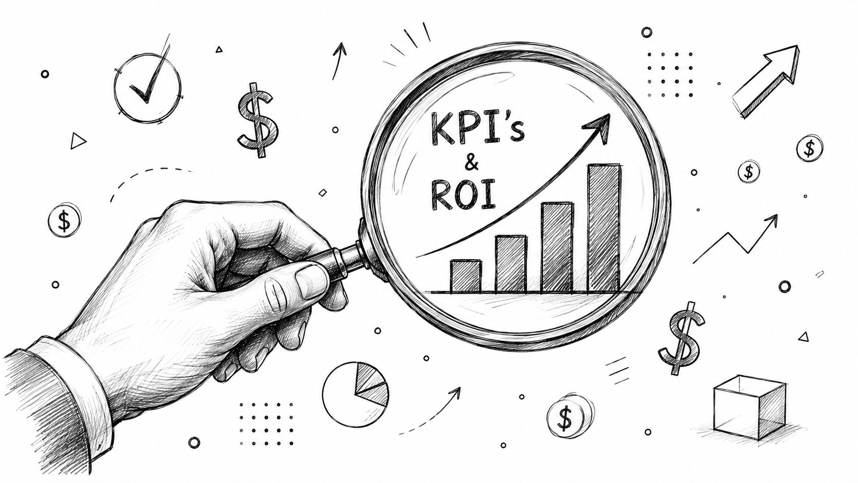 A sketched illustration of a hand holding a magnifying glass over a bar graph labeled KPI's and ROI.